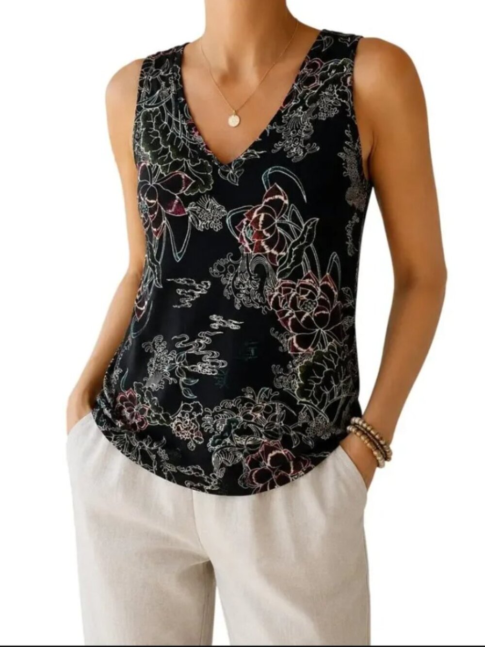 Chico's Travelers Slinky Ribbed Scoop Neck Tank Romantic Floral Size Large